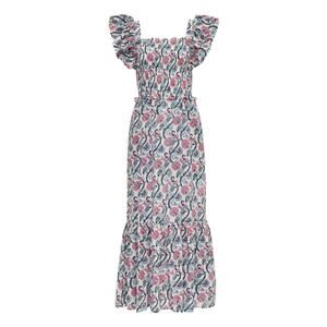 ANNA CATE Giselle Dress Blue Pink Floral Block Print Ruffle Smocked Maxi